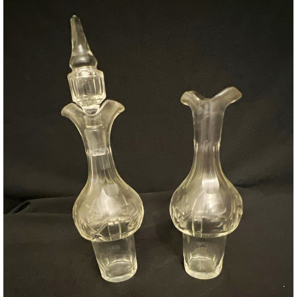 Antique Cut Crystal/Glass Double Spout Oil & Vinegar Cruet Pair 1 Stopper